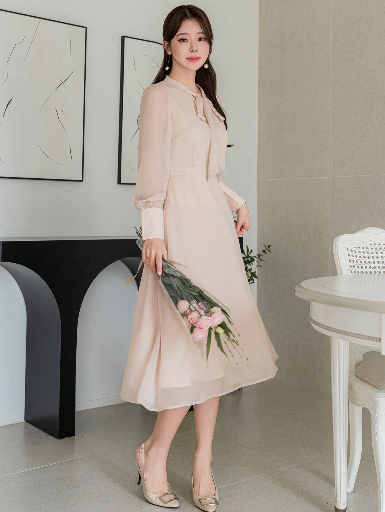 CM-DS351852 Women Elegant Seoul Style Solid Color Ruffle Neck Long Sleeve Dress - Apricot