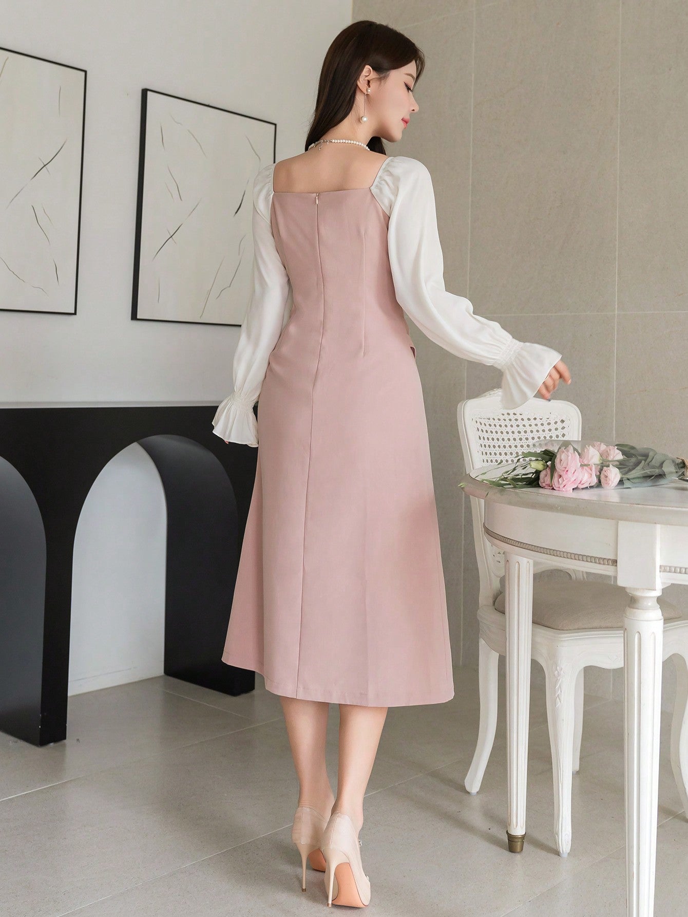 CM-DS122899 Women Elegant Seoul Style Square Neck Patchwork Ruched Asymmetric Midi Dress