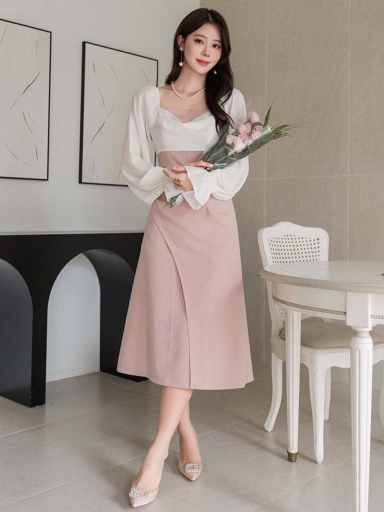 CM-DS122899 Women Elegant Seoul Style Square Neck Patchwork Ruched Asymmetric Midi Dress