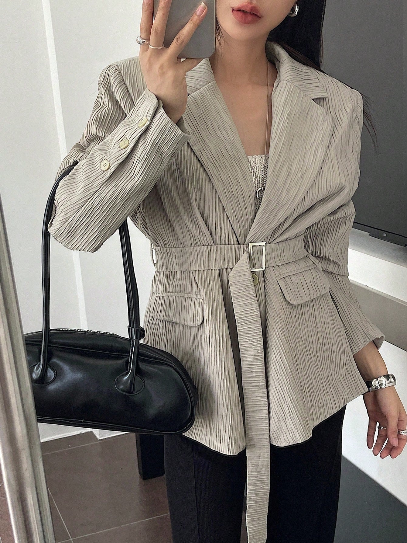CM-CS560710 Women Casual Seoul Style Lapel Neckline Long Sleeve Single Button Belted Blazer - Gray