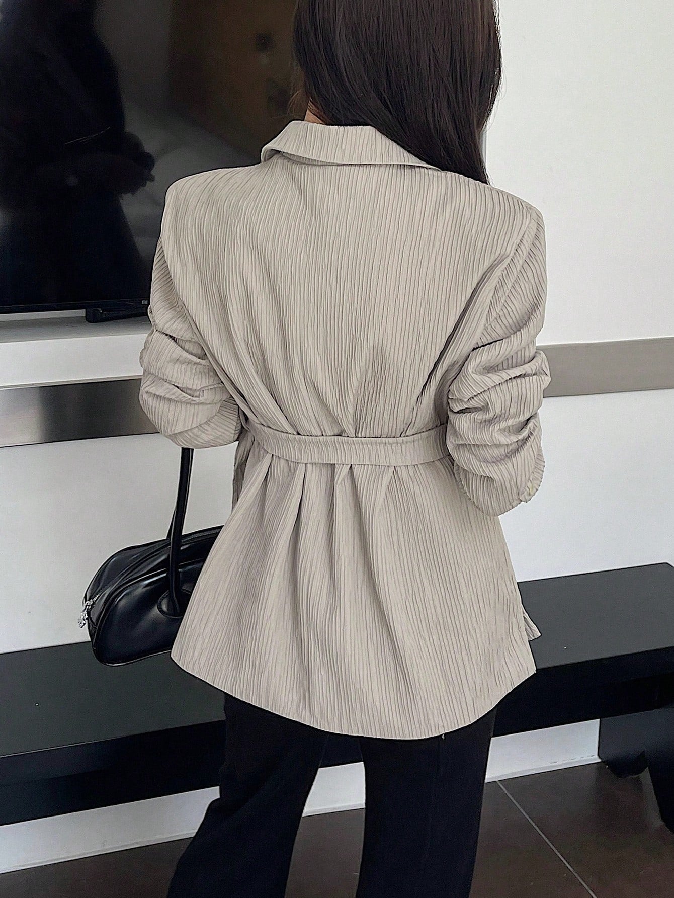 CM-CS560710 Women Casual Seoul Style Lapel Neckline Long Sleeve Single Button Belted Blazer - Gray