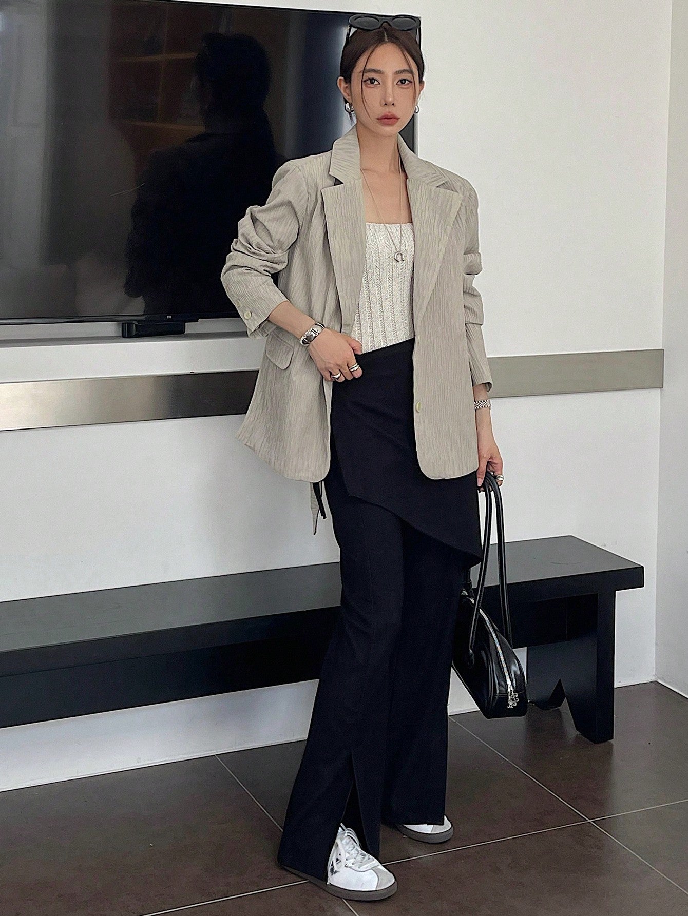 CM-CS560710 Women Casual Seoul Style Lapel Neckline Long Sleeve Single Button Belted Blazer - Gray