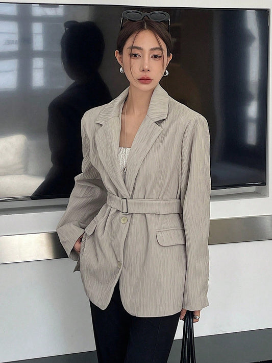 CM-CS560710 Women Casual Seoul Style Lapel Neckline Long Sleeve Single Button Belted Blazer - Gray
