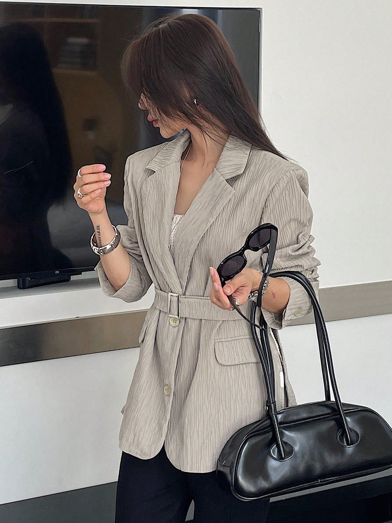 CM-CS560710 Women Casual Seoul Style Lapel Neckline Long Sleeve Single Button Belted Blazer - Gray