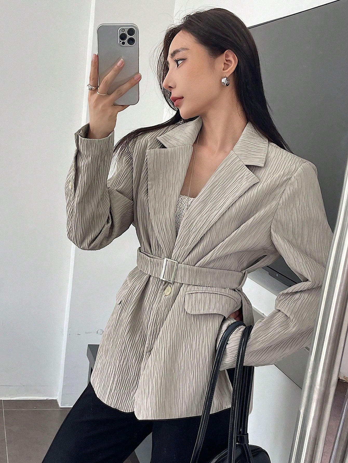 CM-CS560710 Women Casual Seoul Style Lapel Neckline Long Sleeve Single Button Belted Blazer - Gray