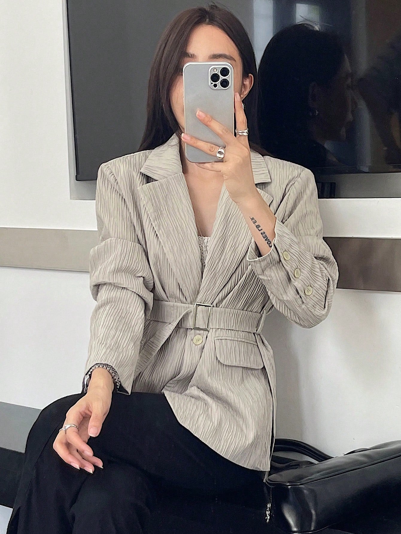 CM-CS560710 Women Casual Seoul Style Lapel Neckline Long Sleeve Single Button Belted Blazer - Gray