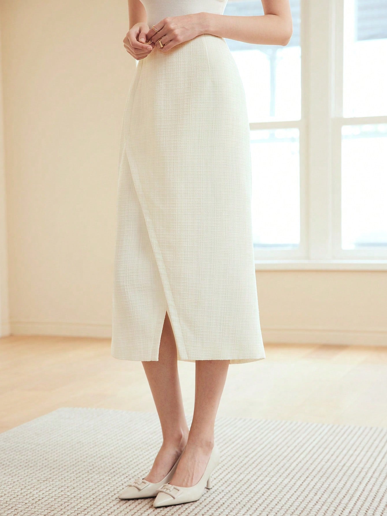 CM-BS902510 Women Elegant Seoul Style Solid Color Wrap Midi Skirt - Apricot