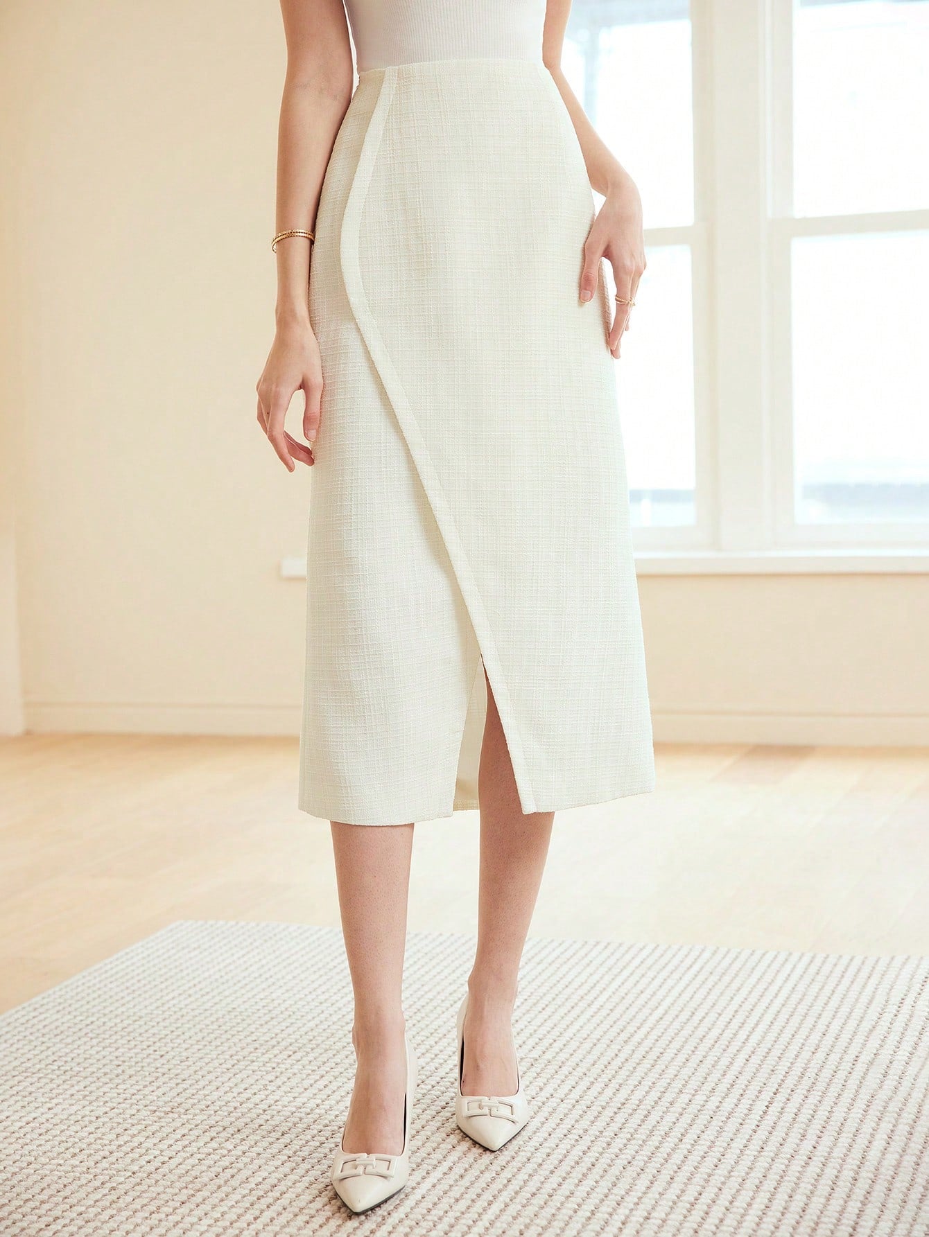 CM-BS902510 Women Elegant Seoul Style Solid Color Wrap Midi Skirt - Apricot