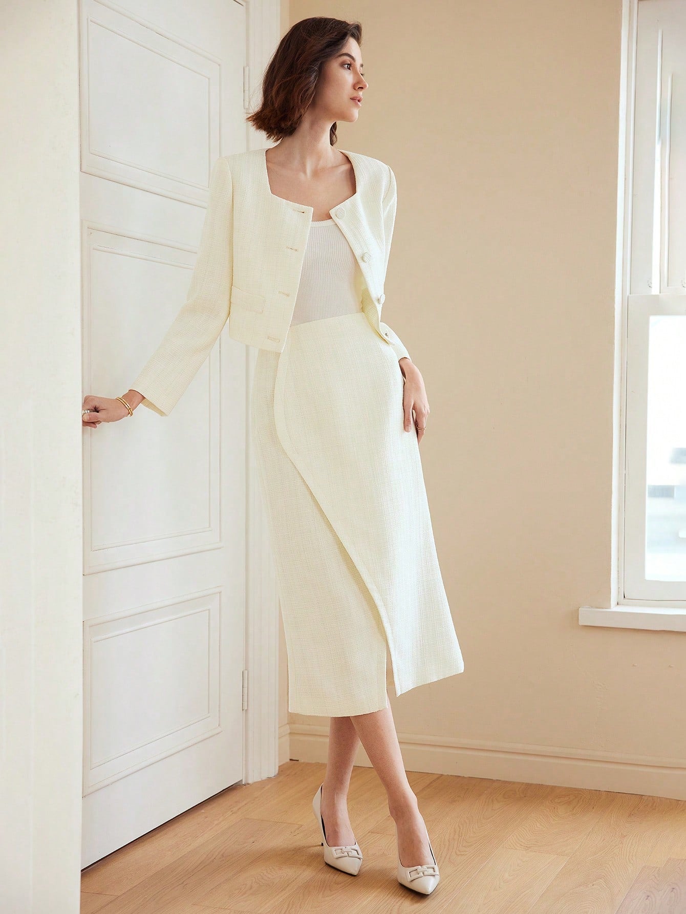 CM-BS902510 Women Elegant Seoul Style Solid Color Wrap Midi Skirt - Apricot