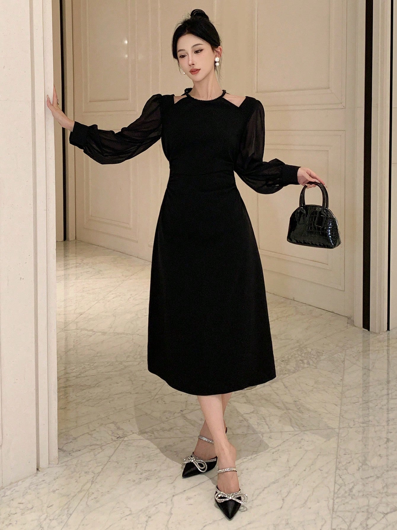 CM-DS044574 Women Casual Seoul Style Contrast Mesh Open Shoulder Zipper Back Dress - Black