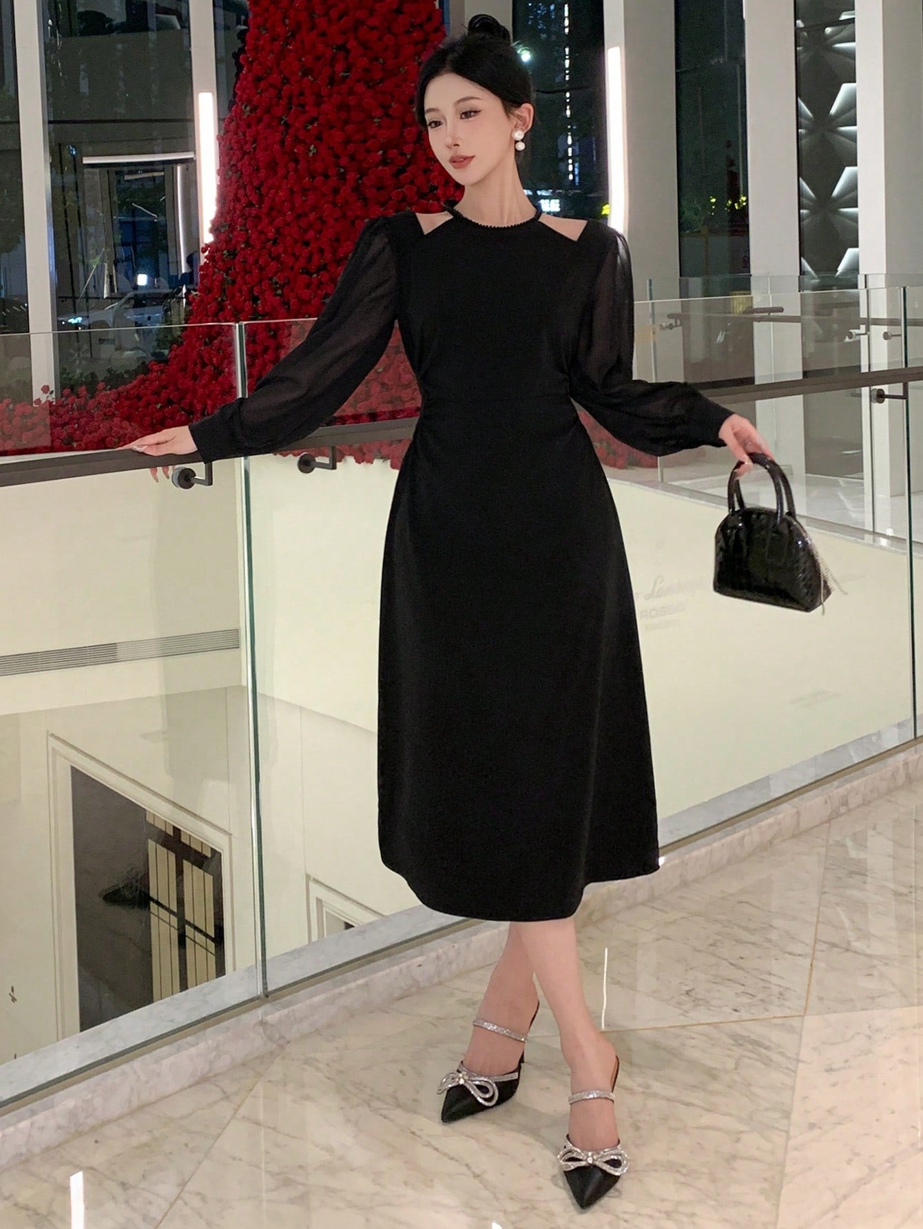 CM-DS044574 Women Casual Seoul Style Contrast Mesh Open Shoulder Zipper Back Dress - Black