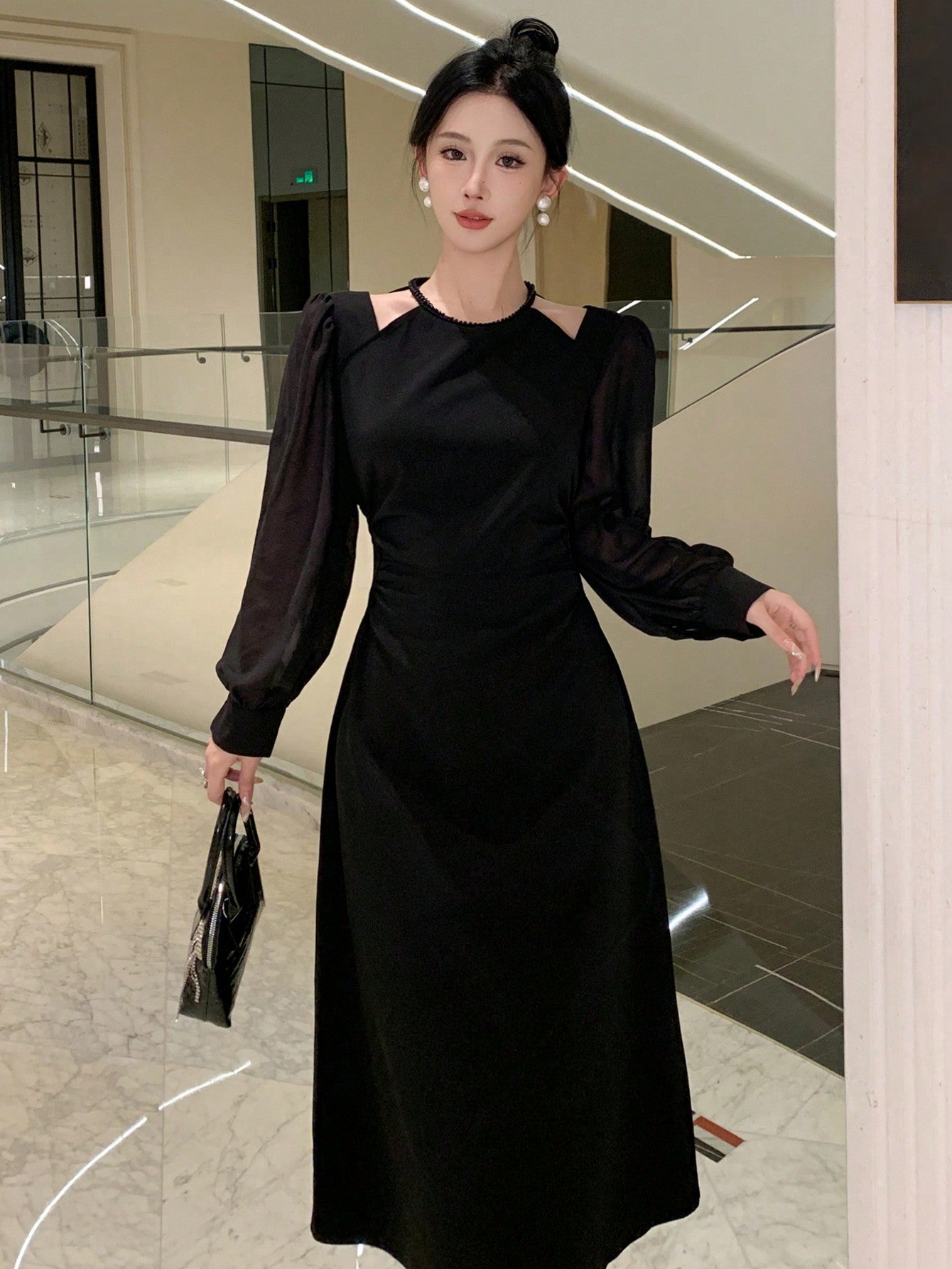CM-DS044574 Women Casual Seoul Style Contrast Mesh Open Shoulder Zipper Back Dress - Black