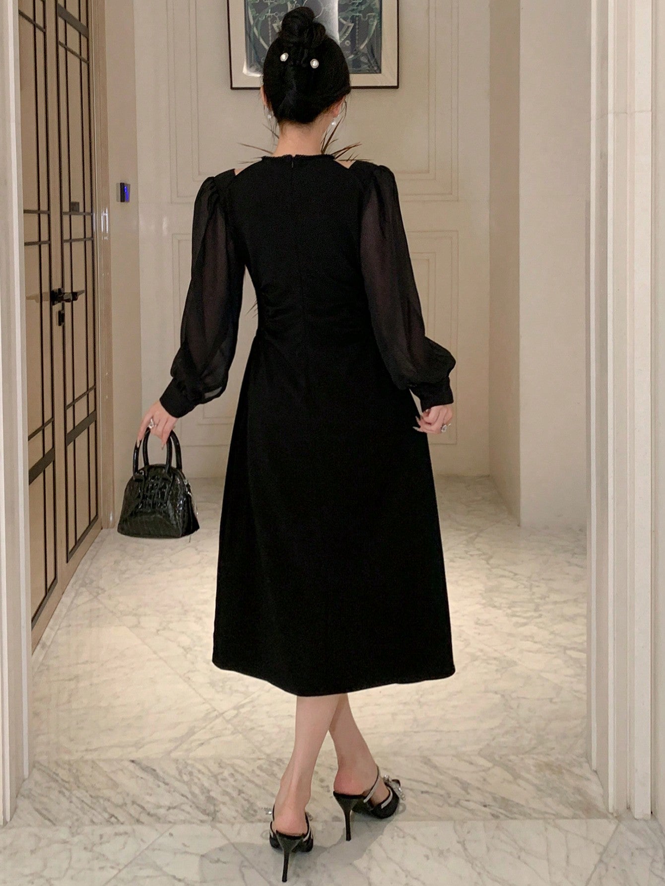CM-DS044574 Women Casual Seoul Style Contrast Mesh Open Shoulder Zipper Back Dress - Black