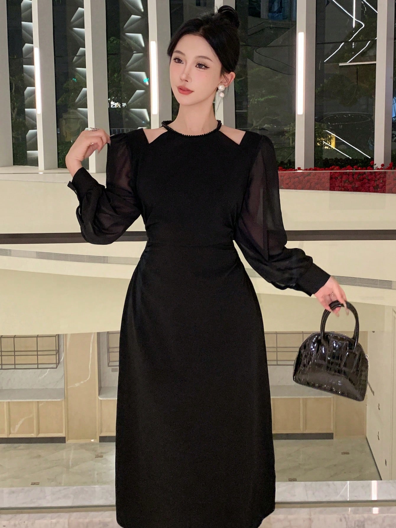 CM-DS044574 Women Casual Seoul Style Contrast Mesh Open Shoulder Zipper Back Dress - Black