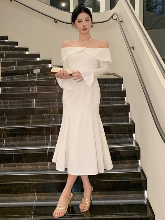 CM-DS733820 Women Elegant Seoul Style Solid Color Off-Shoulder Long Sleeve Midi Dress - Beige