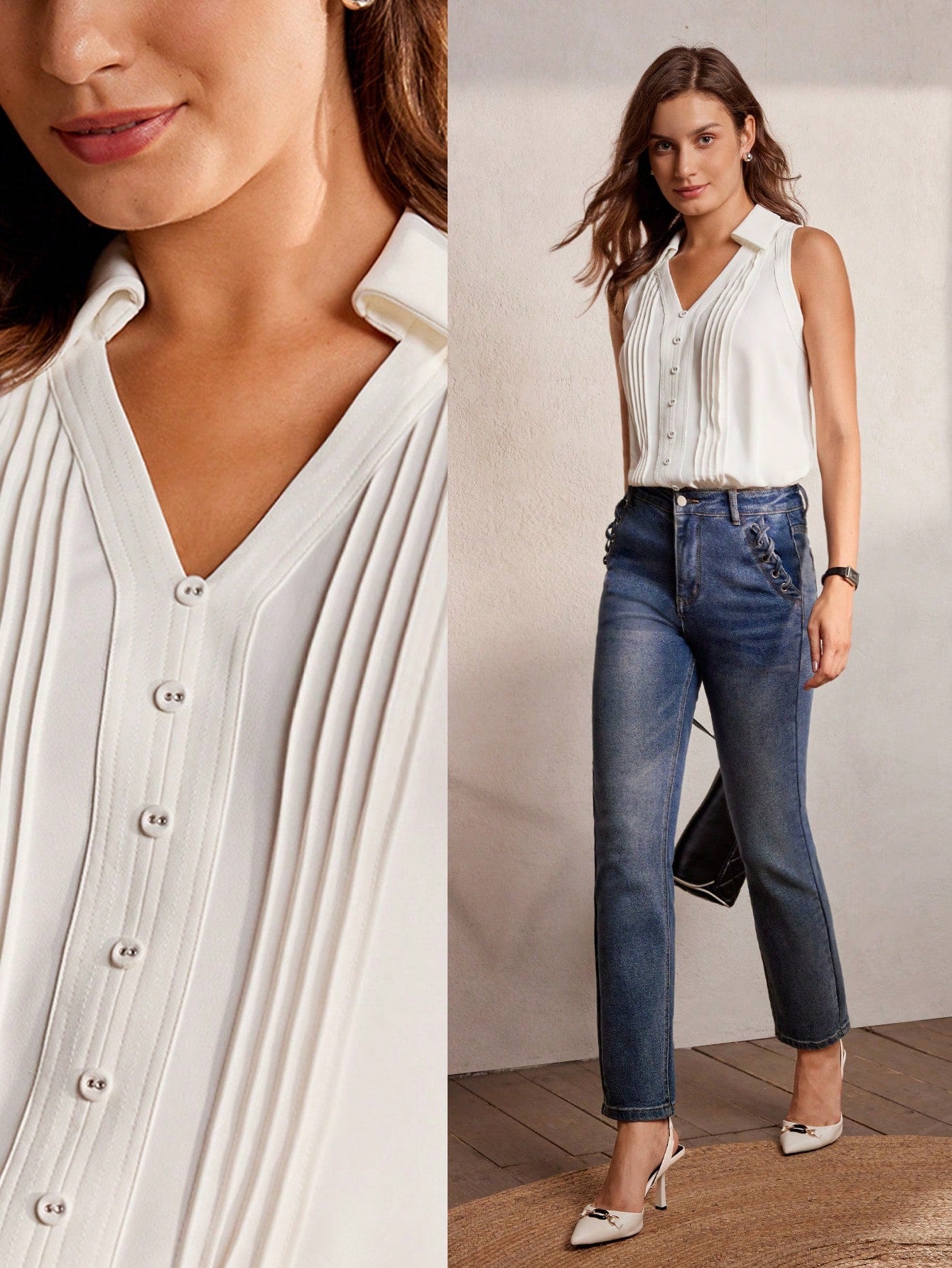 CM-TS927625 Women Elegant Seoul Style Notched Neckline Button Front Sleeveless Blouse - White