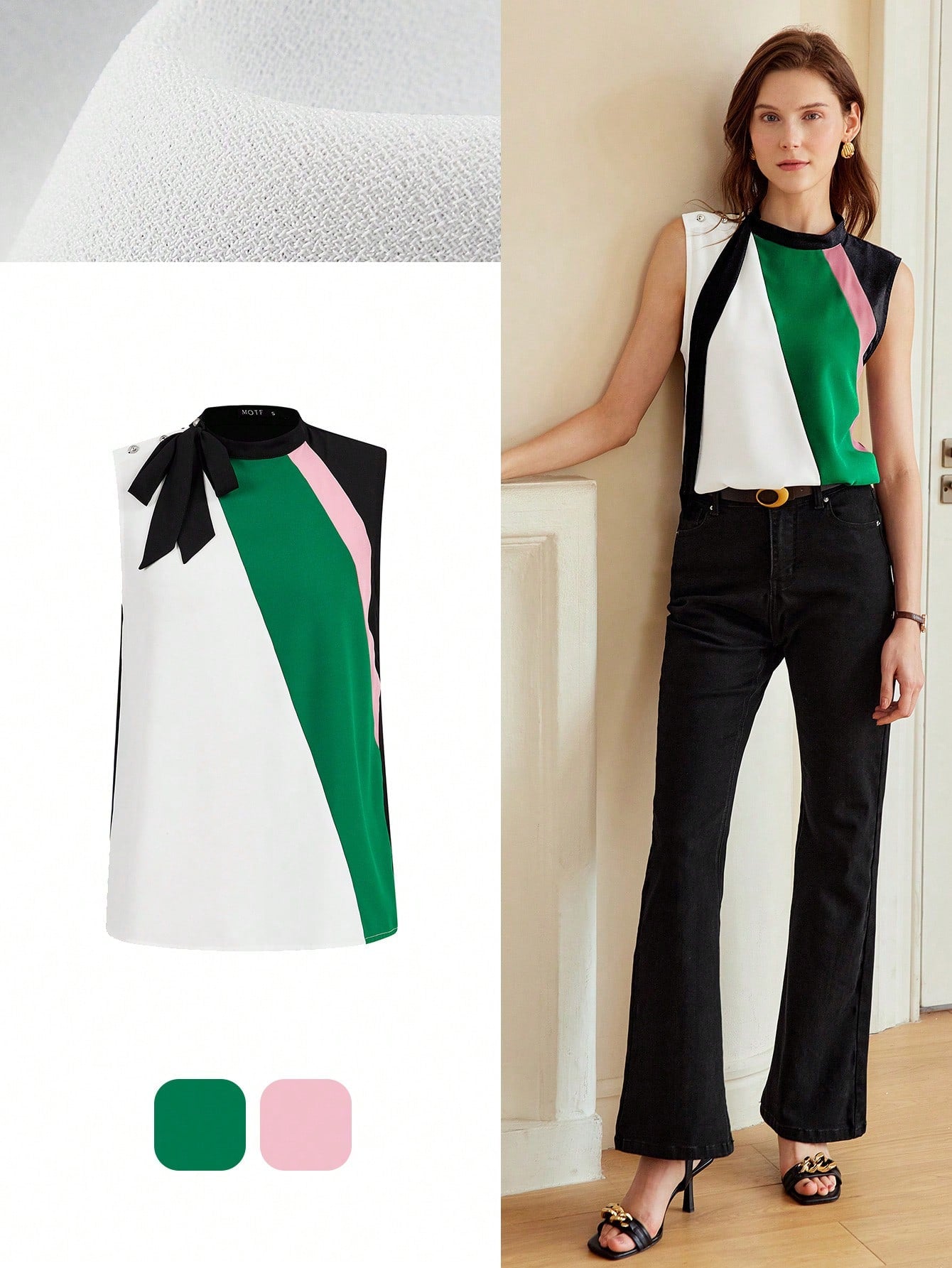 CM-TS984103 Women Elegant Seoul Style Stand Collar Colorblock Button Detail Sleeveless Blouse
