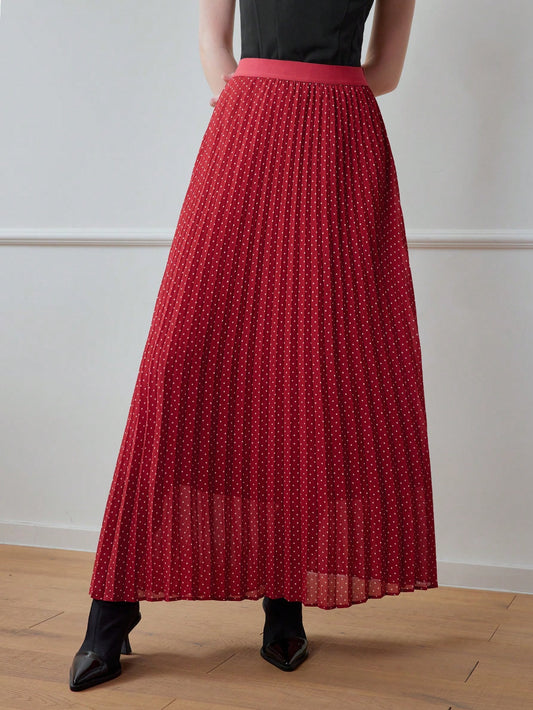 CM-BS284151 Women Elegant Seoul Style Polka Dot Print Pleated A-Line Skirt - Burgundy