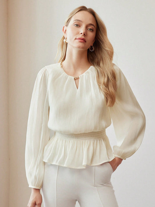 CM-TS555551 Women Elegant Seoul Style Chain Keyhole Neck Lantern Sleeve Peplum Blouse - Apricot