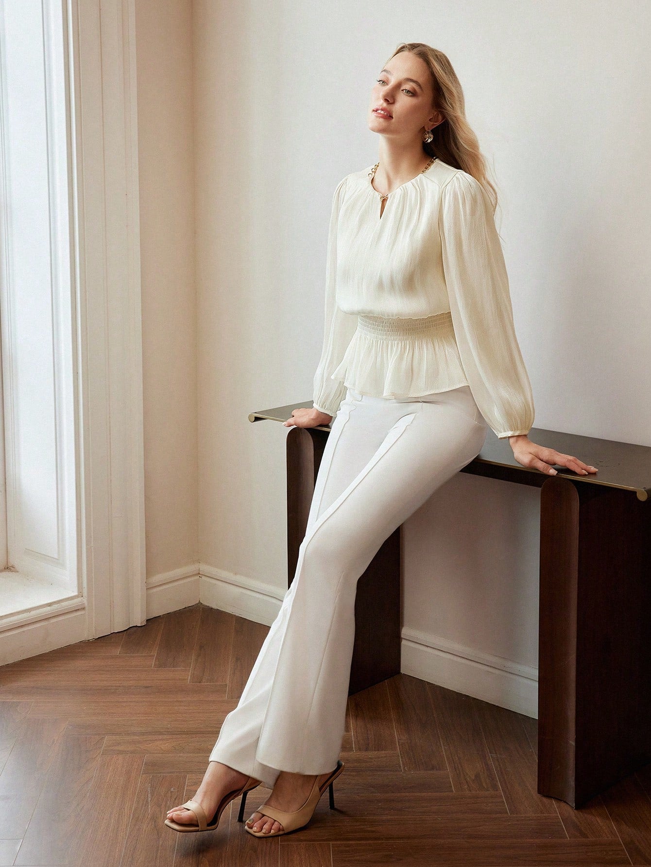CM-TS555551 Women Elegant Seoul Style Chain Keyhole Neck Lantern Sleeve Peplum Blouse - Apricot