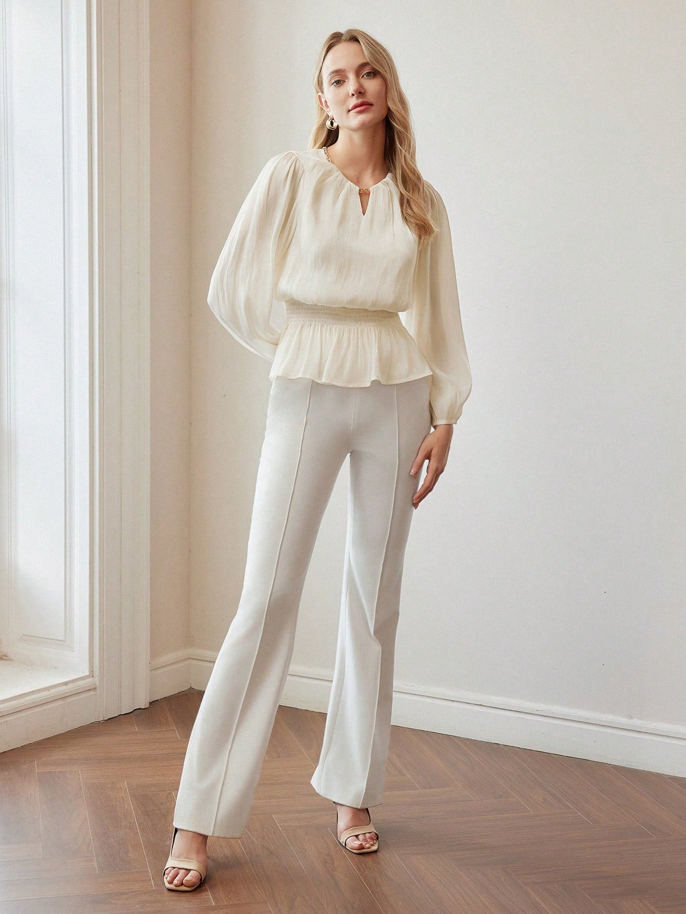 CM-TS555551 Women Elegant Seoul Style Chain Keyhole Neck Lantern Sleeve Peplum Blouse - Apricot