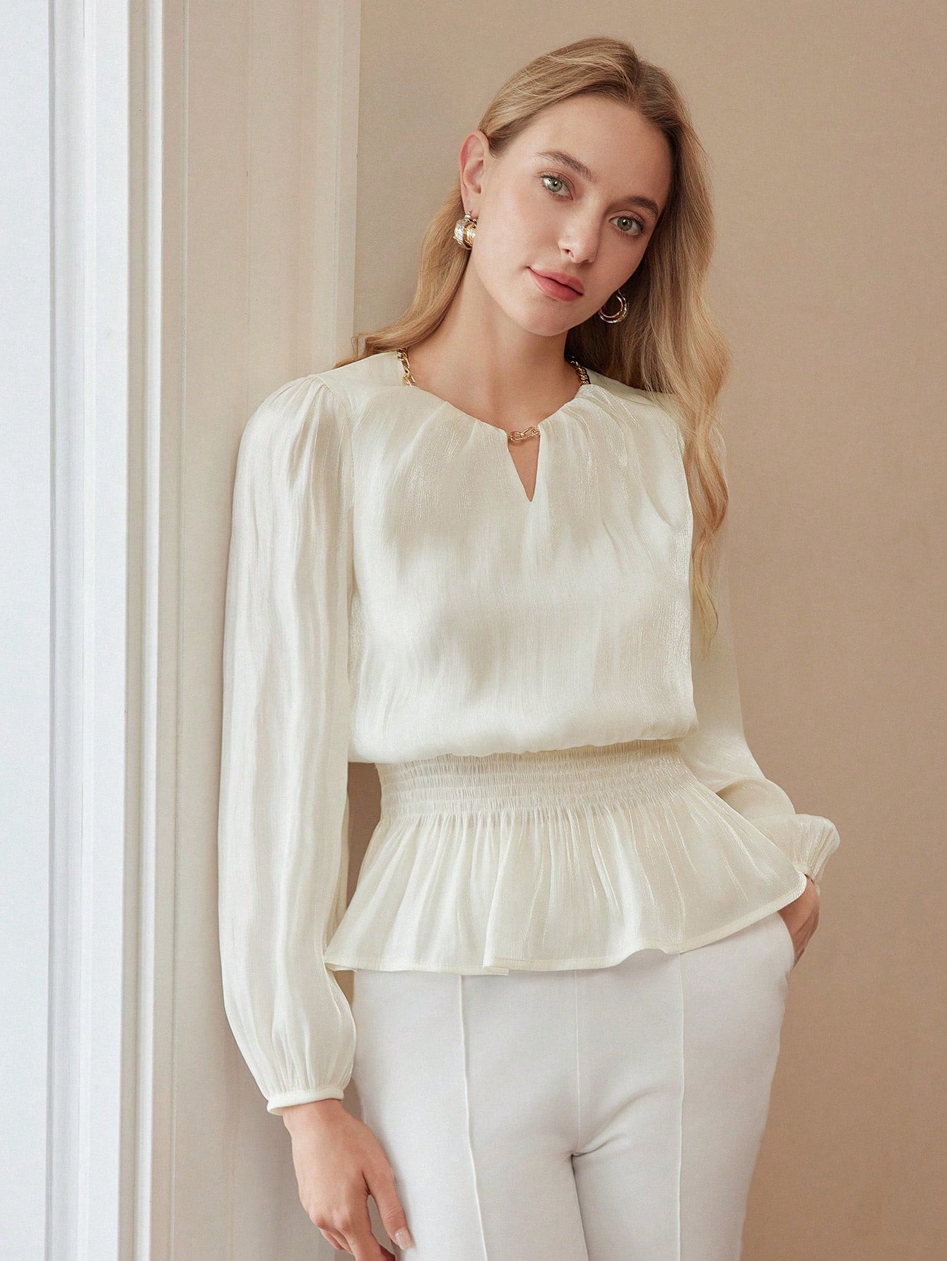 CM-TS555551 Women Elegant Seoul Style Chain Keyhole Neck Lantern Sleeve Peplum Blouse - Apricot