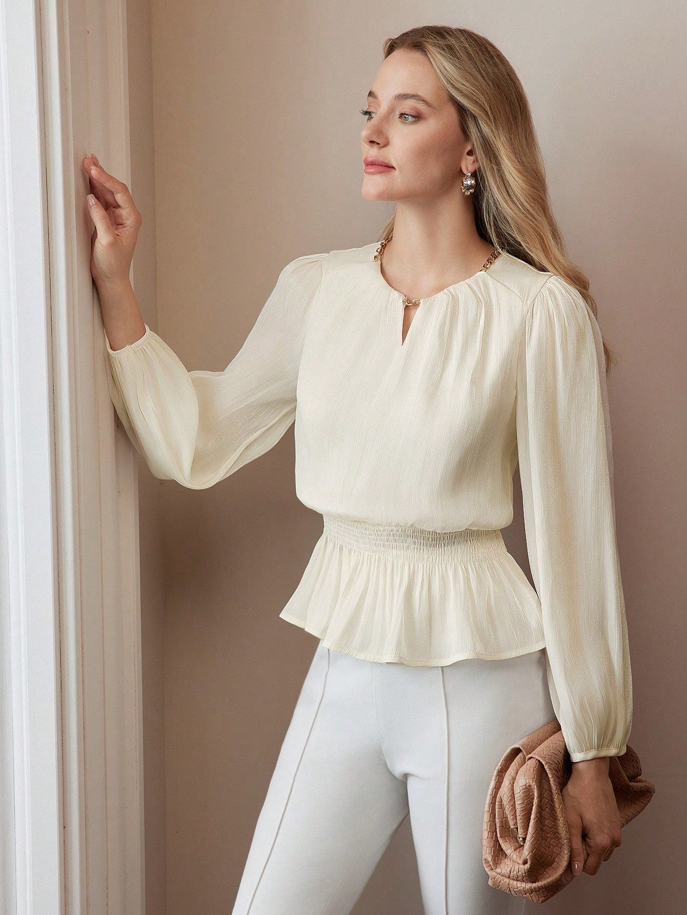 CM-TS555551 Women Elegant Seoul Style Chain Keyhole Neck Lantern Sleeve Peplum Blouse - Apricot