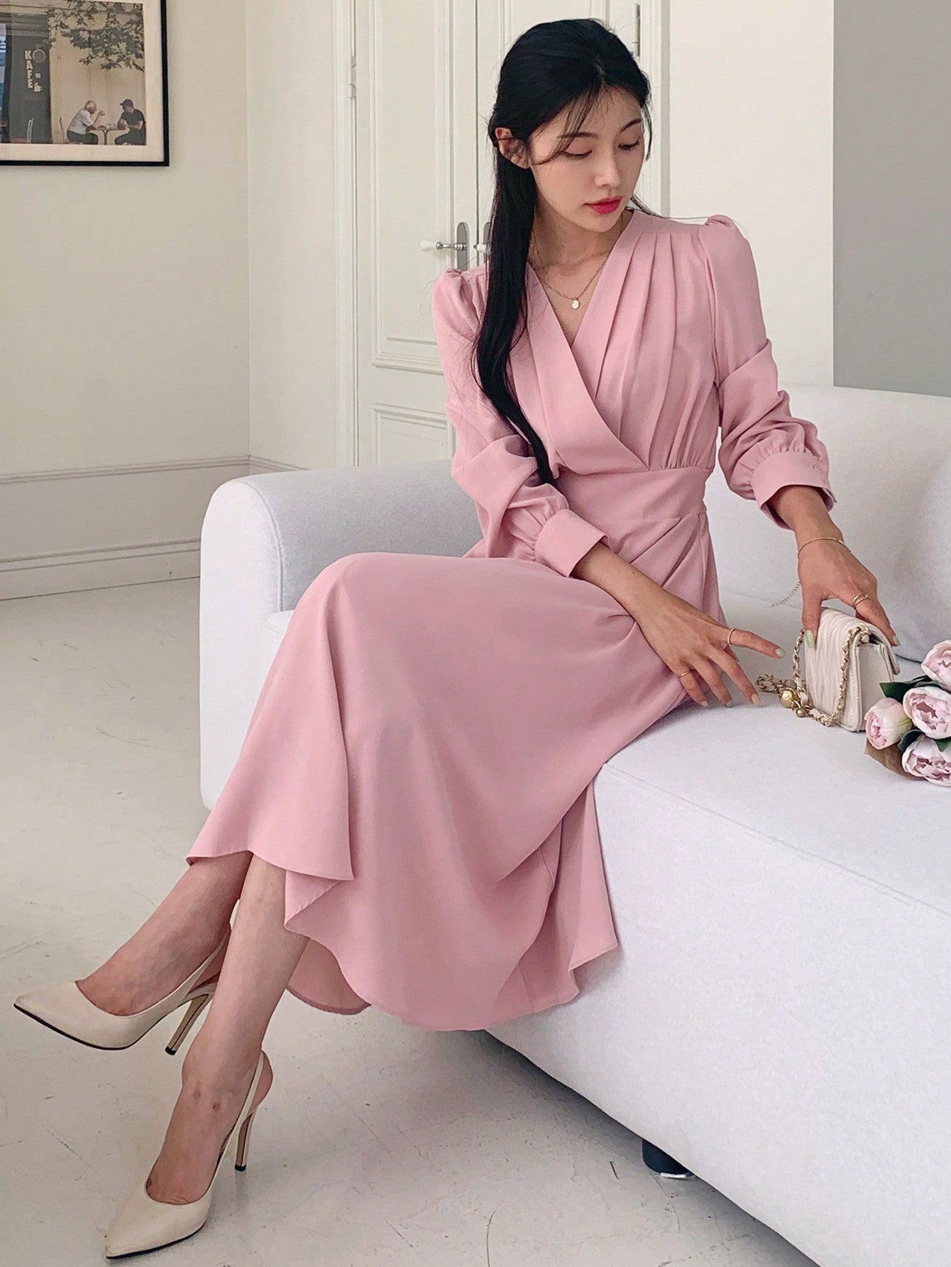 CM-DS656322 Women Elegant Seoul Style V-Neck Waist Pleated Long Dress - Dusty Pink