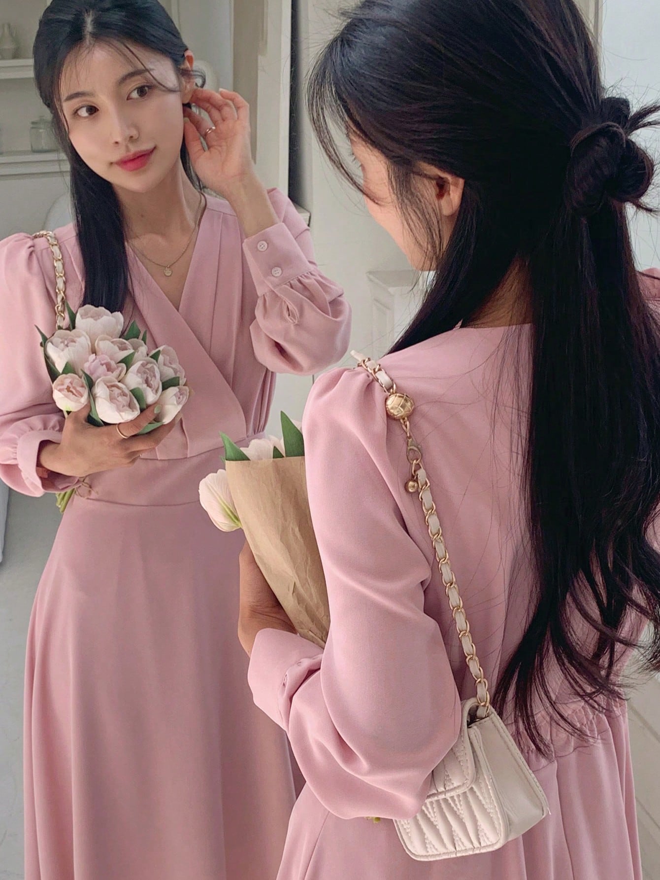 CM-DS656322 Women Elegant Seoul Style V-Neck Waist Pleated Long Dress - Dusty Pink