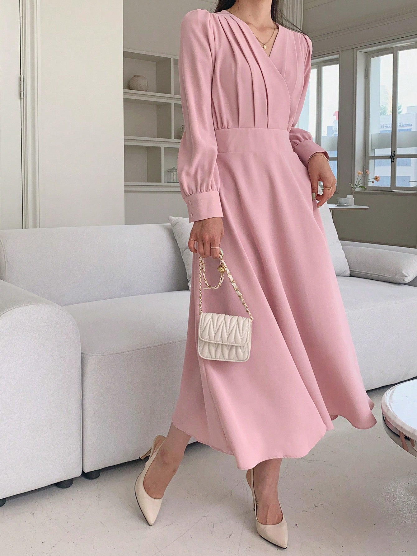 CM-DS656322 Women Elegant Seoul Style V-Neck Waist Pleated Long Dress - Dusty Pink