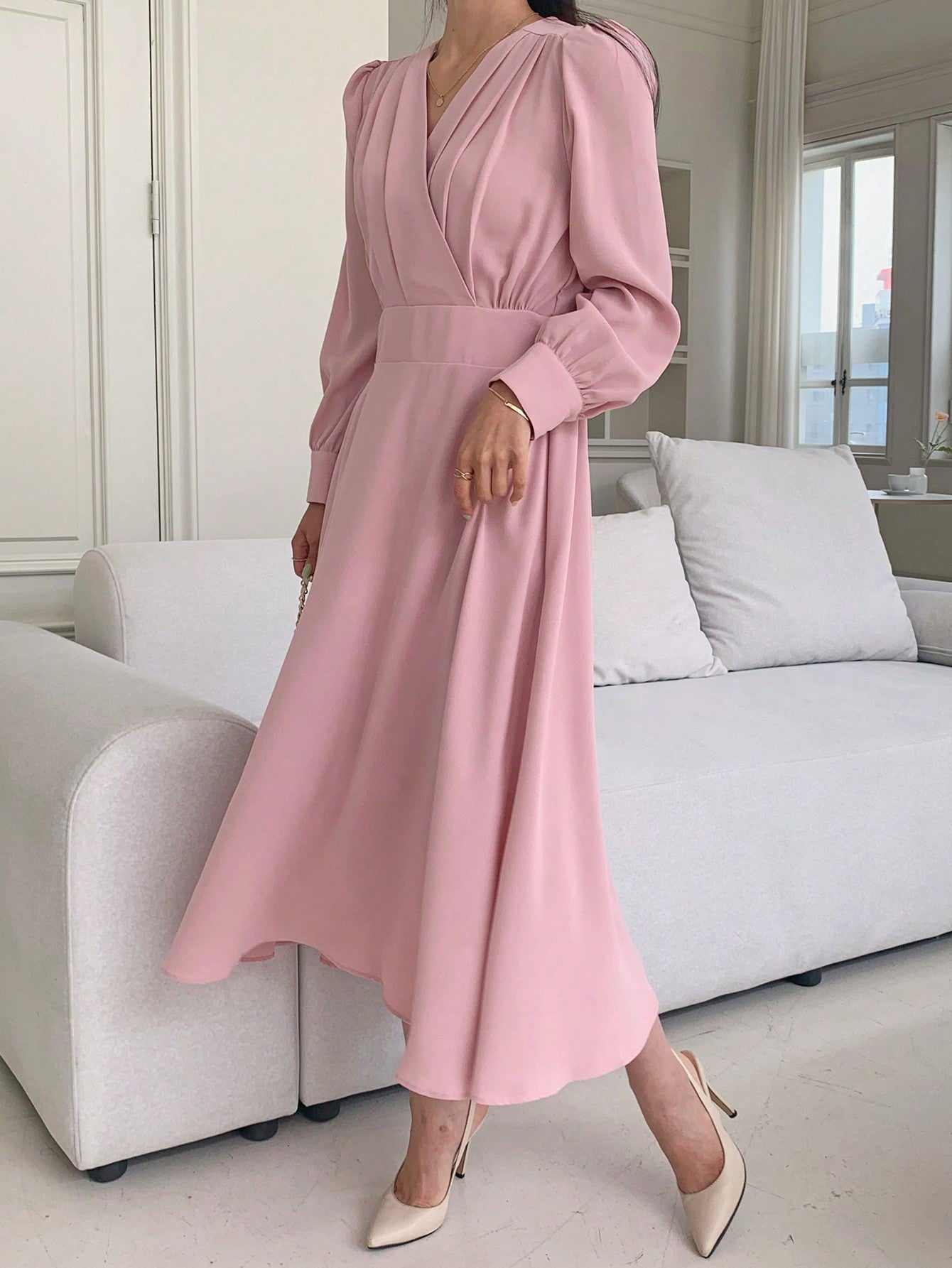 CM-DS656322 Women Elegant Seoul Style V-Neck Waist Pleated Long Dress - Dusty Pink