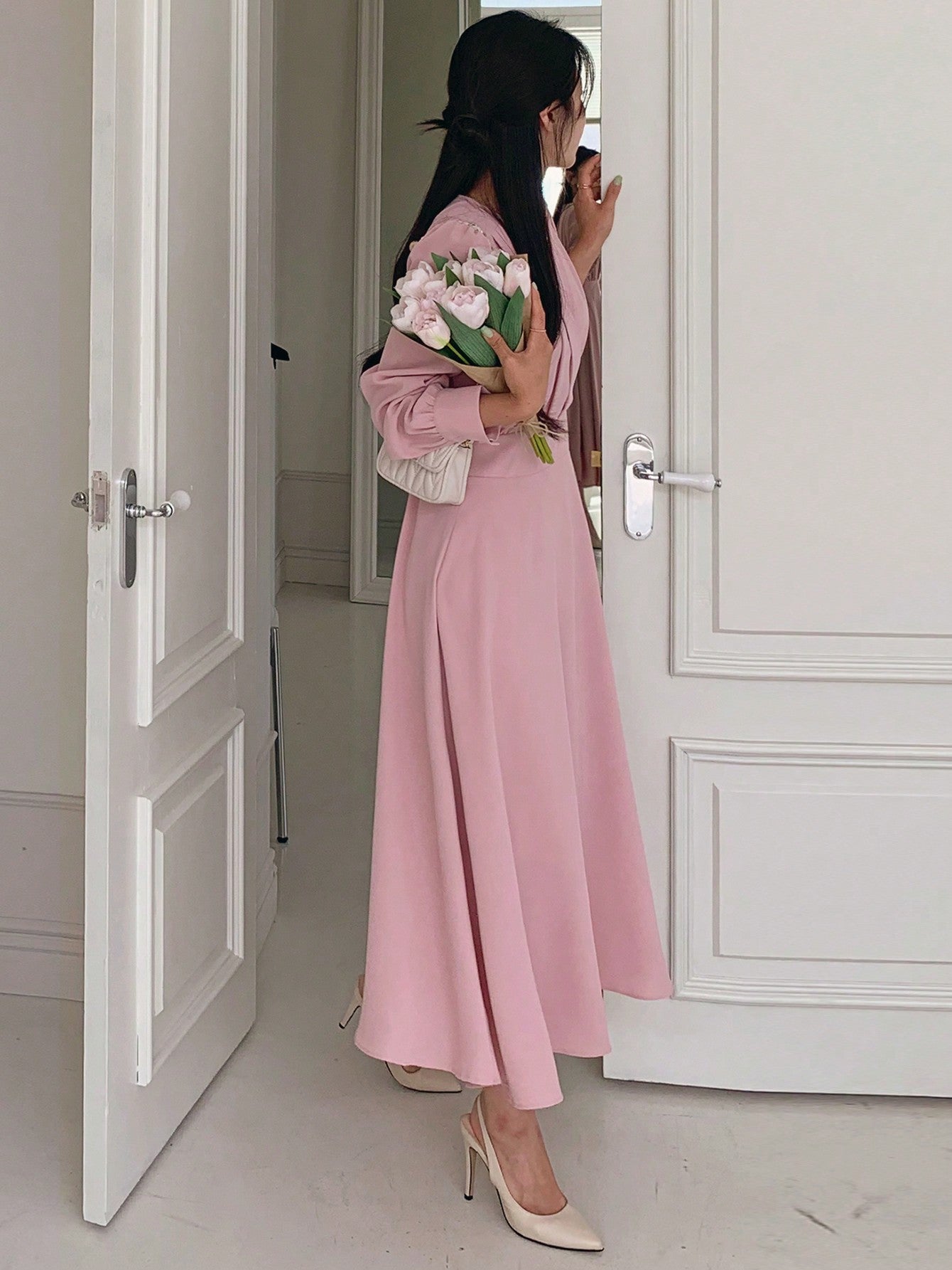CM-DS656322 Women Elegant Seoul Style V-Neck Waist Pleated Long Dress - Dusty Pink
