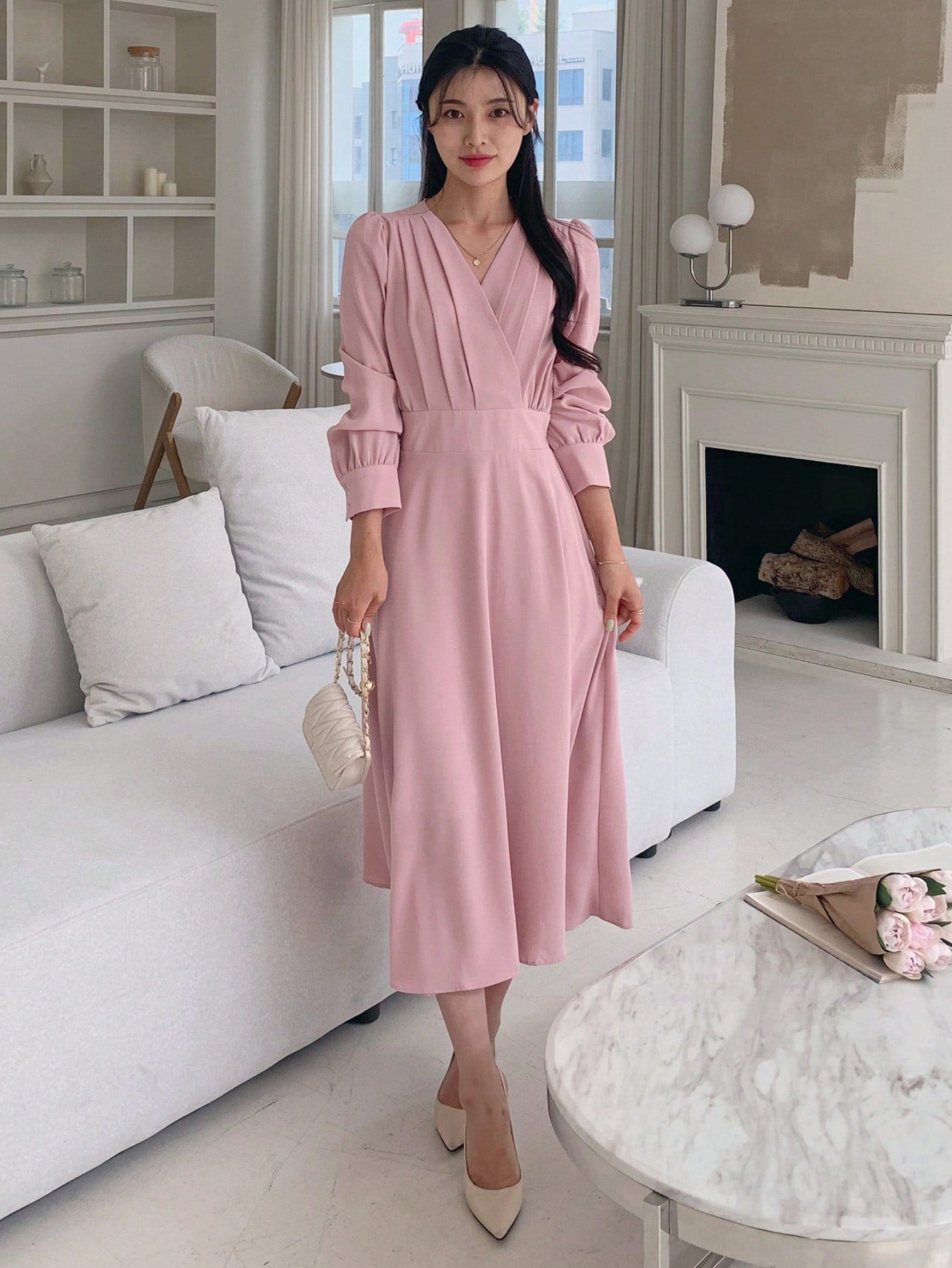 CM-DS656322 Women Elegant Seoul Style V-Neck Waist Pleated Long Dress - Dusty Pink