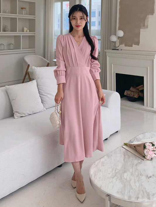 CM-DS656322 Women Elegant Seoul Style V-Neck Waist Pleated Long Dress - Dusty Pink