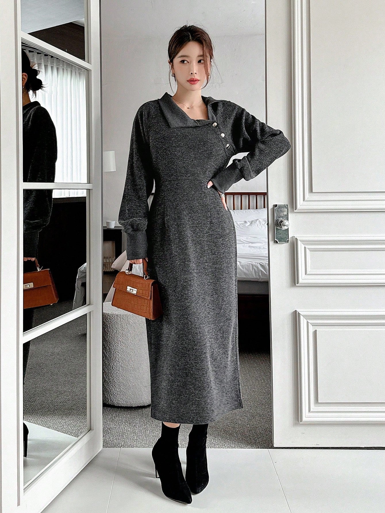 CM-DS143953 Women Casual Seoul Style Asymmetric Collar Long Sleeve A-Line Dress - Black