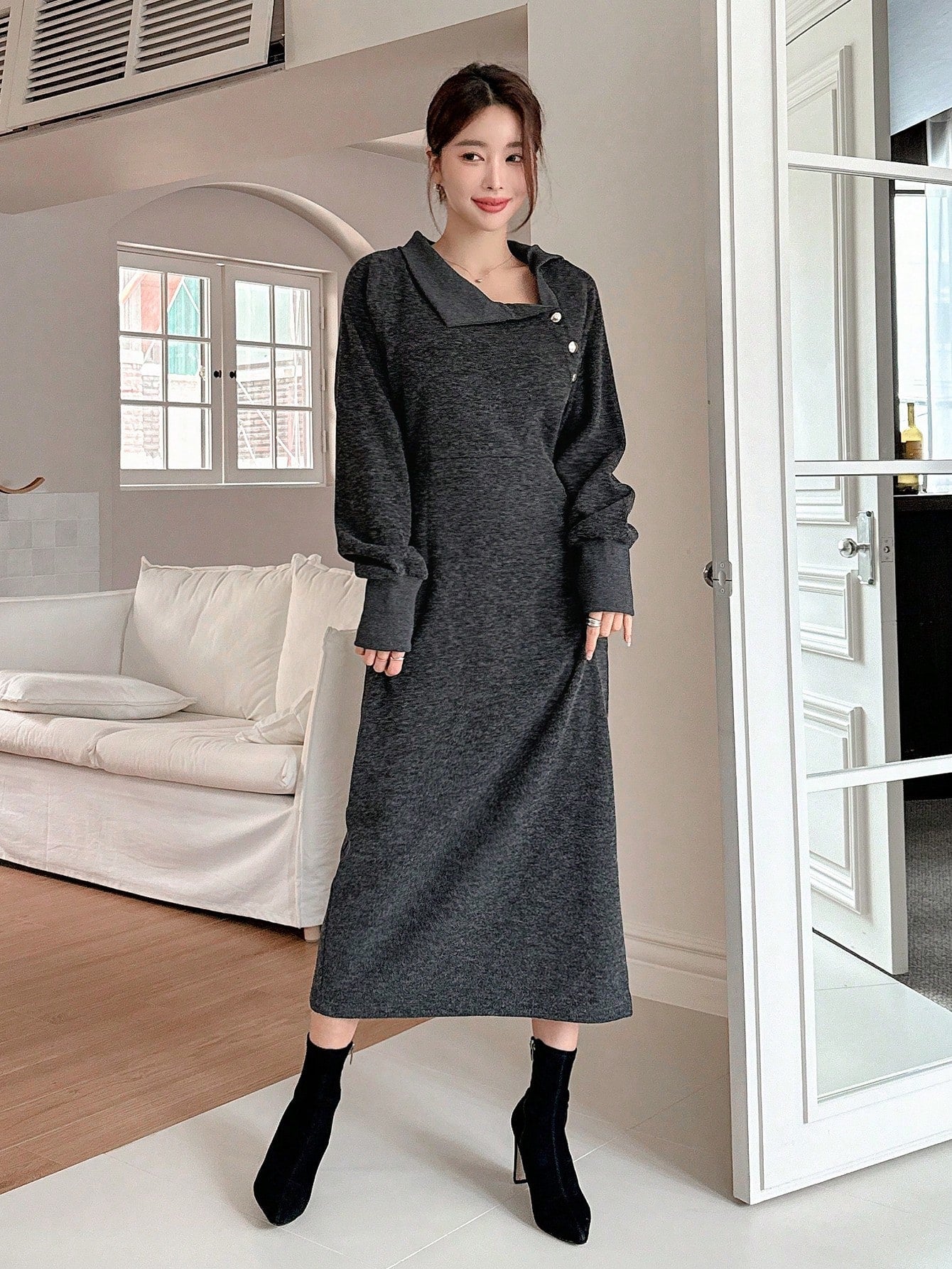 CM-DS143953 Women Casual Seoul Style Asymmetric Collar Long Sleeve A-Line Dress - Black