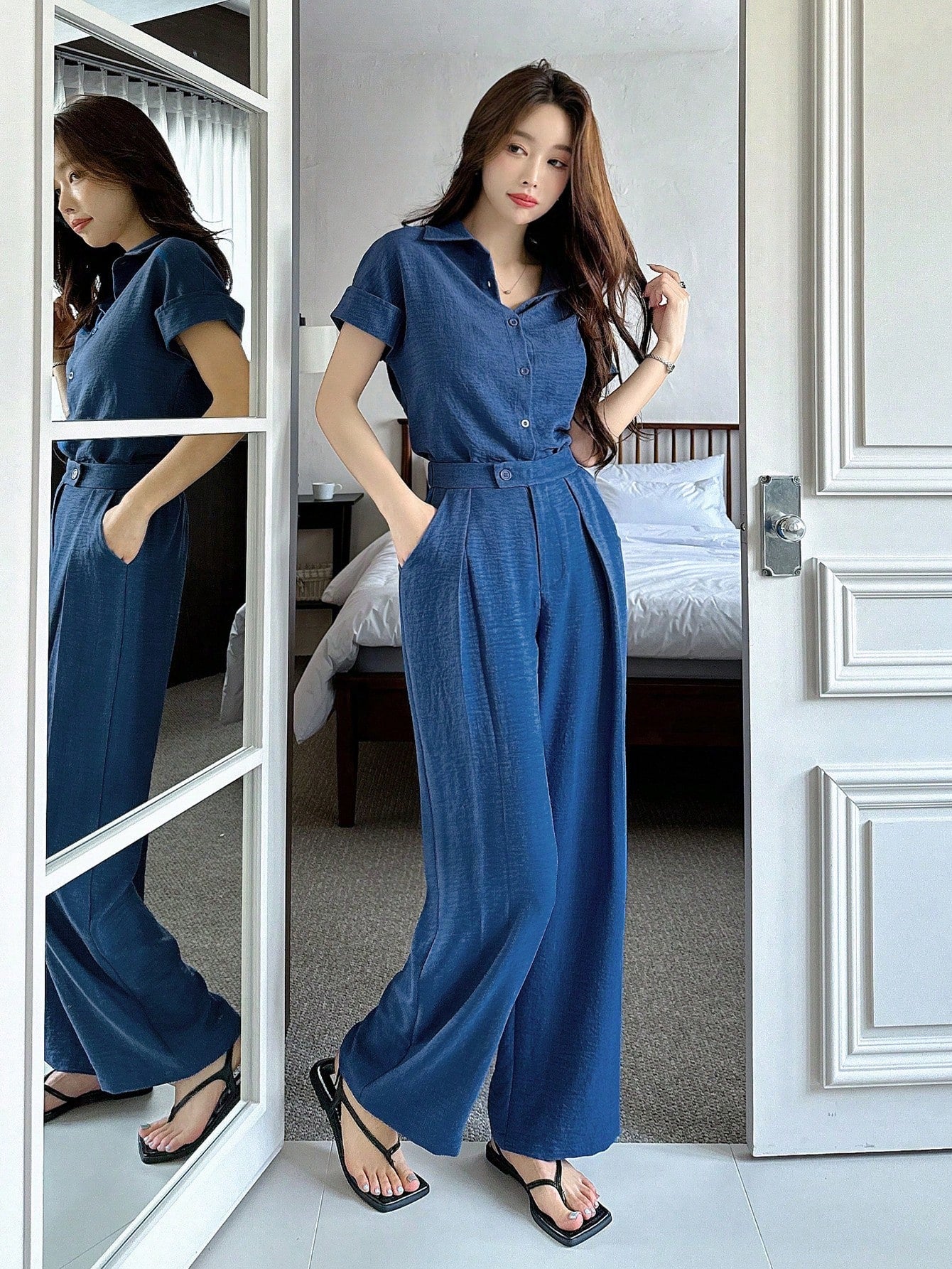 CM-SS502044 Women Casual Seoul Style Solid Color Collar Neckline Batwing Sleeve Blouse With Wide Leg Pants - Set