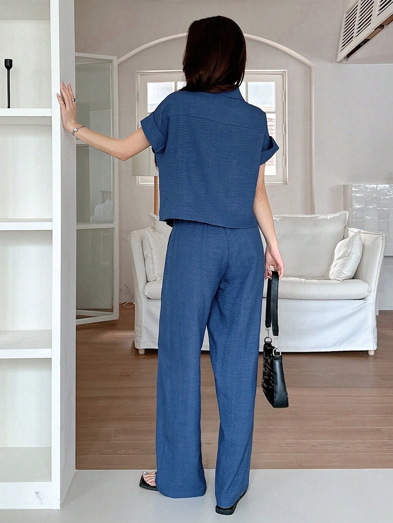 CM-SS502044 Women Casual Seoul Style Solid Color Collar Neckline Batwing Sleeve Blouse With Wide Leg Pants - Set