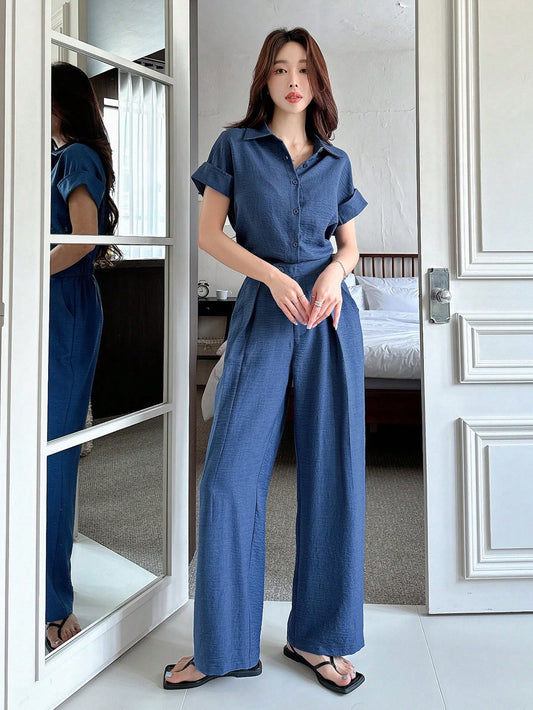 CM-SS502044 Women Casual Seoul Style Solid Color Collar Neckline Batwing Sleeve Blouse With Wide Leg Pants - Set