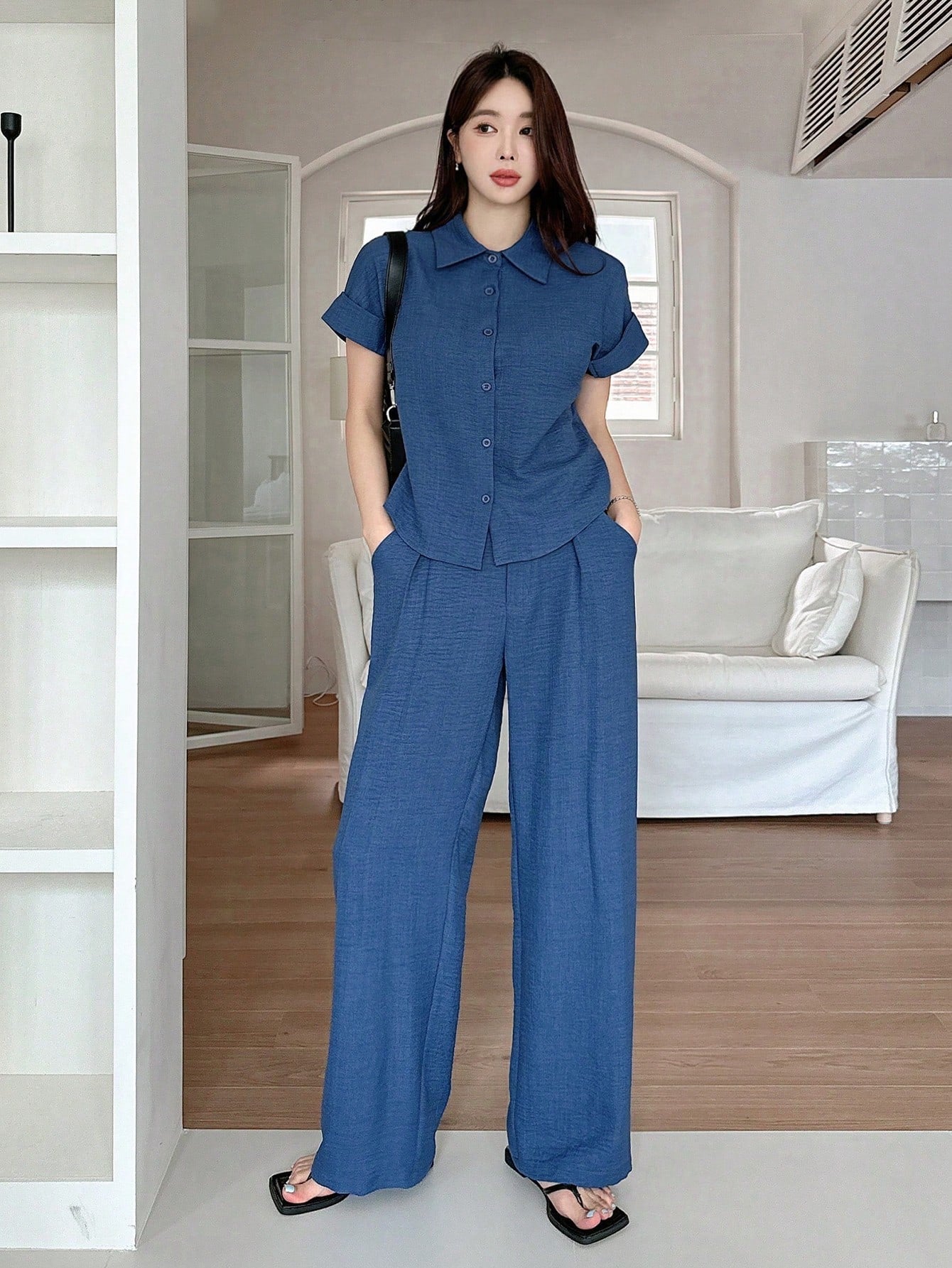 CM-SS502044 Women Casual Seoul Style Solid Color Collar Neckline Batwing Sleeve Blouse With Wide Leg Pants - Set