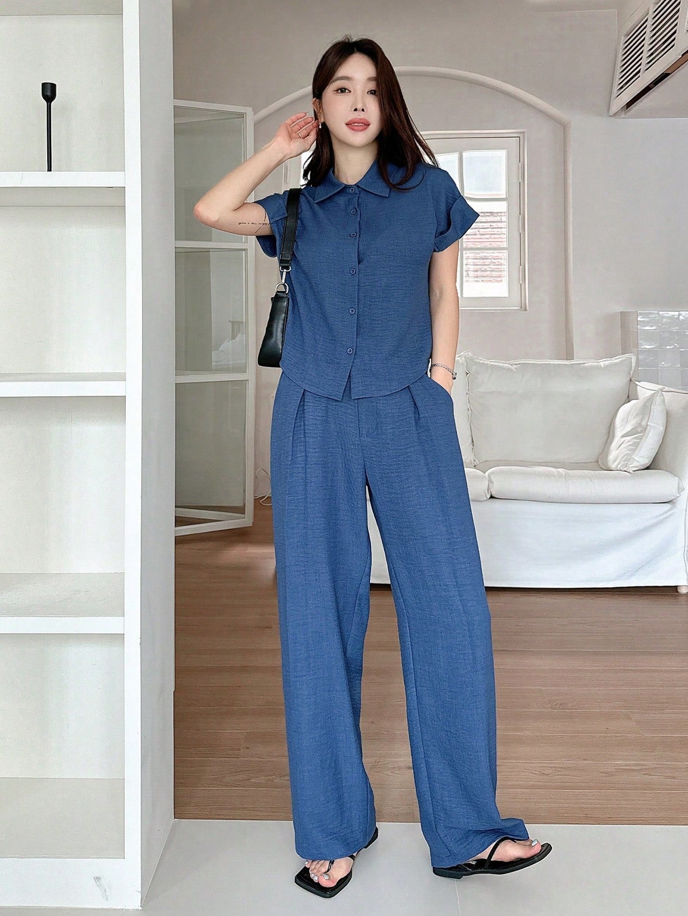 CM-SS502044 Women Casual Seoul Style Solid Color Collar Neckline Batwing Sleeve Blouse With Wide Leg Pants - Set