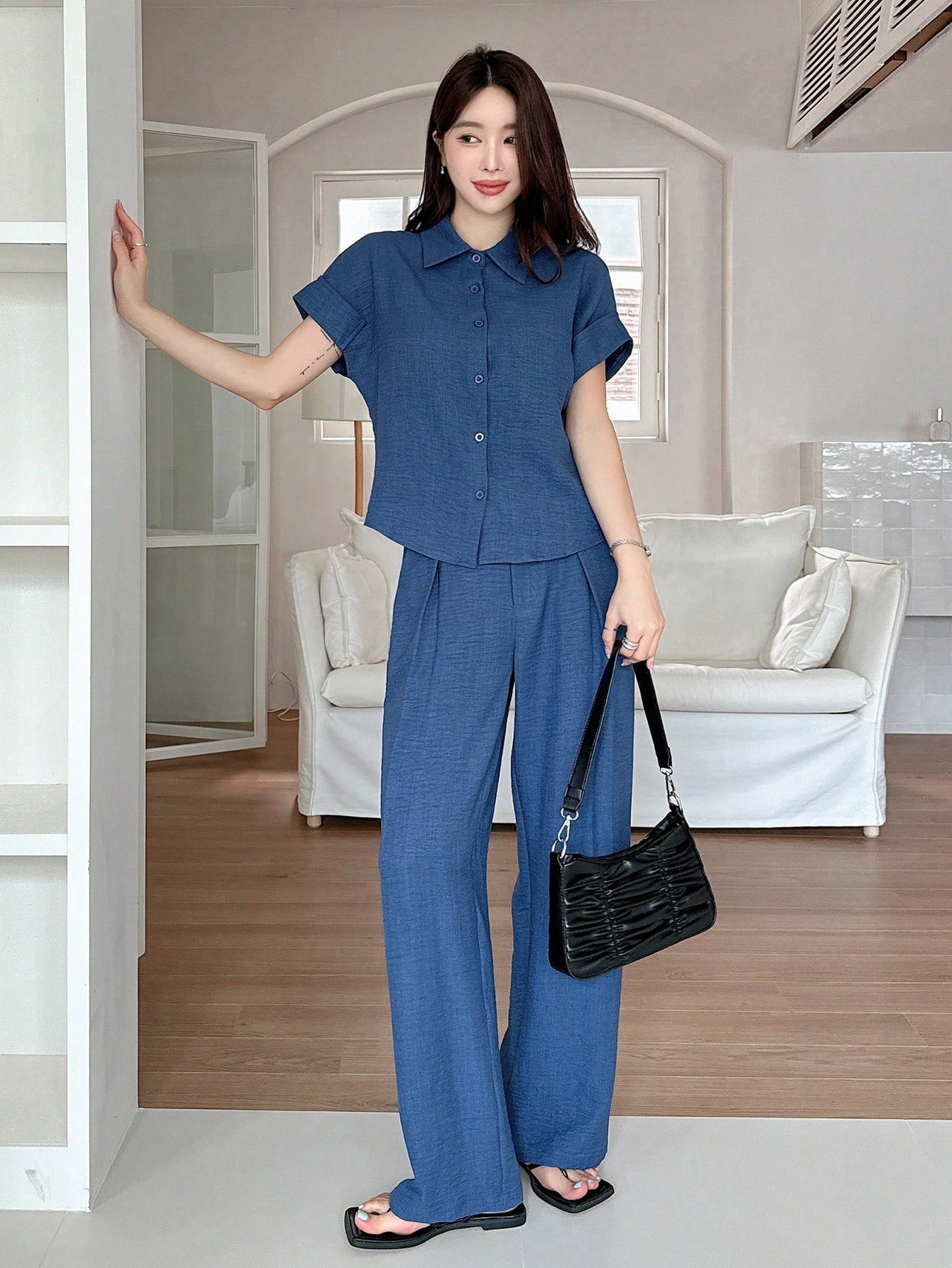 CM-SS502044 Women Casual Seoul Style Solid Color Collar Neckline Batwing Sleeve Blouse With Wide Leg Pants - Set