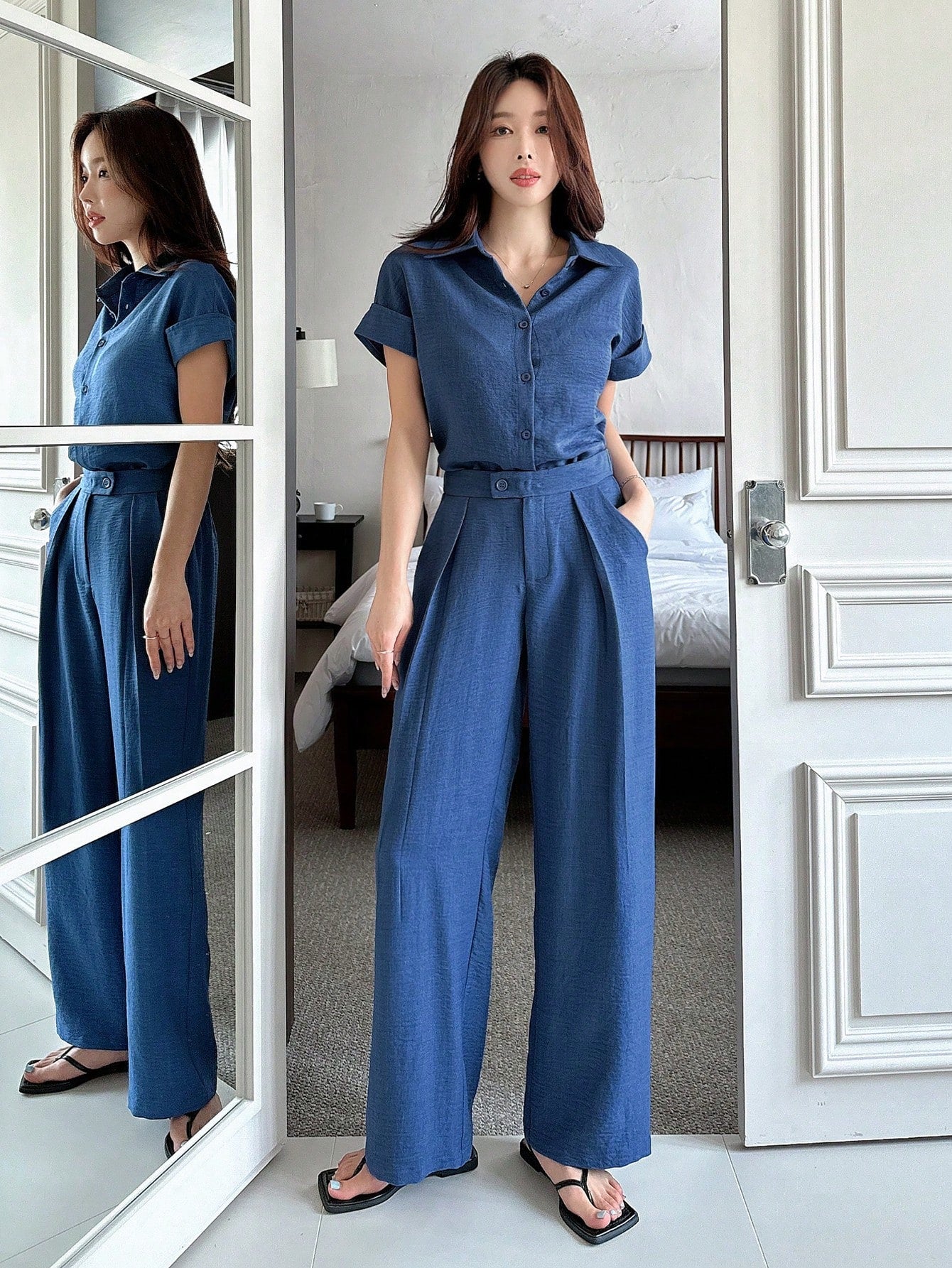CM-SS502044 Women Casual Seoul Style Solid Color Collar Neckline Batwing Sleeve Blouse With Wide Leg Pants - Set