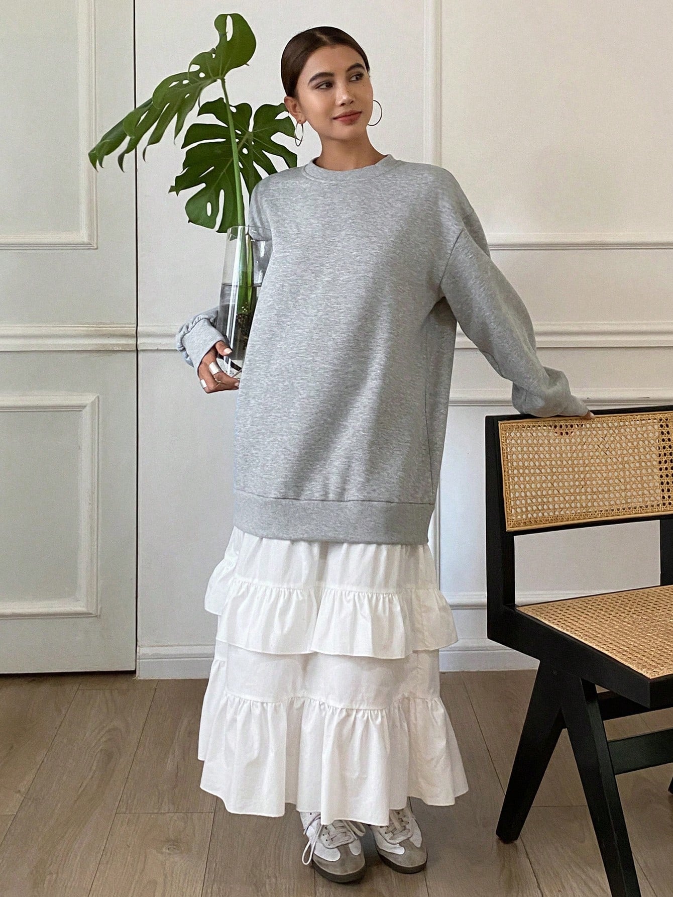 CM-DS565564 Women Trendy Bohemian Style Round Neck Ruffled Hem Layered Contrast Color Dress