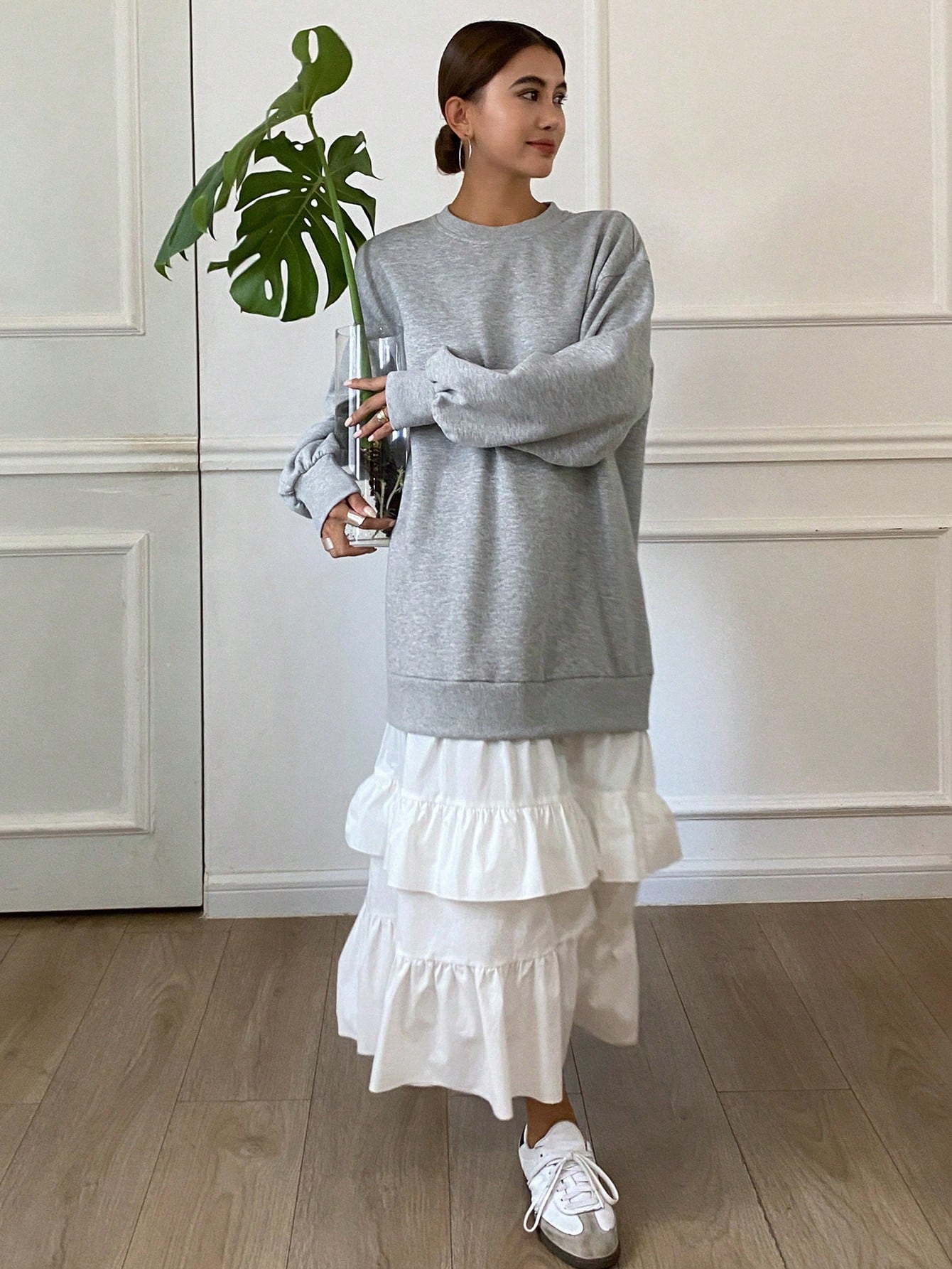 CM-DS565564 Women Trendy Bohemian Style Round Neck Ruffled Hem Layered Contrast Color Dress