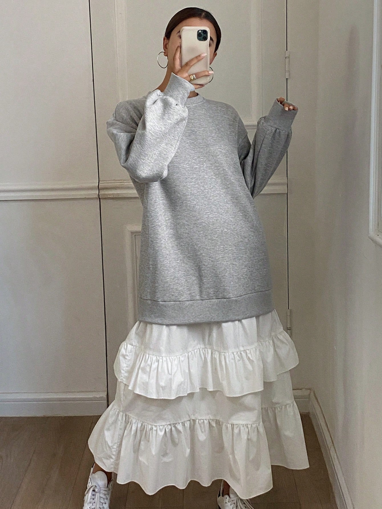 CM-DS565564 Women Trendy Bohemian Style Round Neck Ruffled Hem Layered Contrast Color Dress