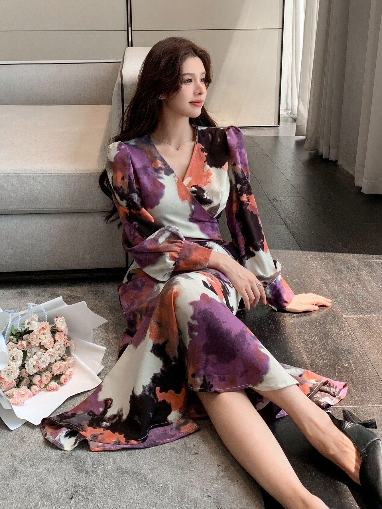 CM-DS171313 Women Casual Seoul Style Floral Tie Dye Wrap Around Fish Tail Hem Midi Dress