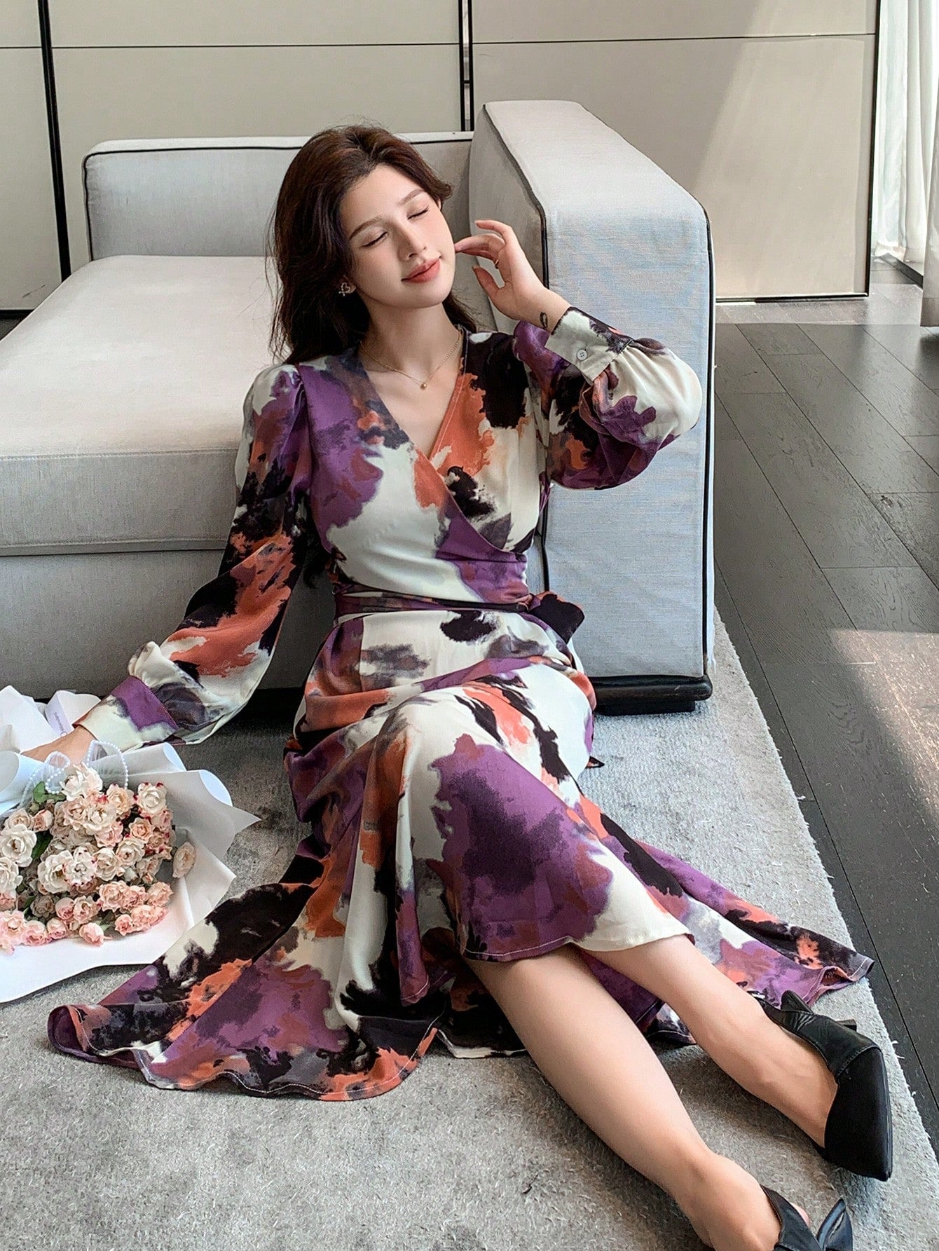 CM-DS171313 Women Casual Seoul Style Floral Tie Dye Wrap Around Fish Tail Hem Midi Dress