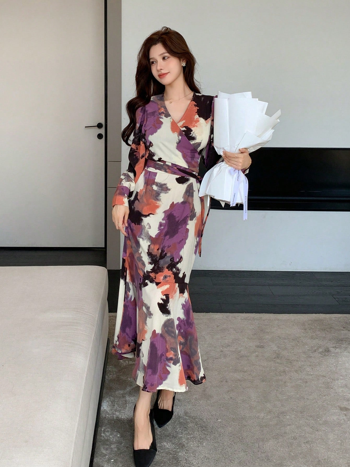 CM-DS171313 Women Casual Seoul Style Floral Tie Dye Wrap Around Fish Tail Hem Midi Dress