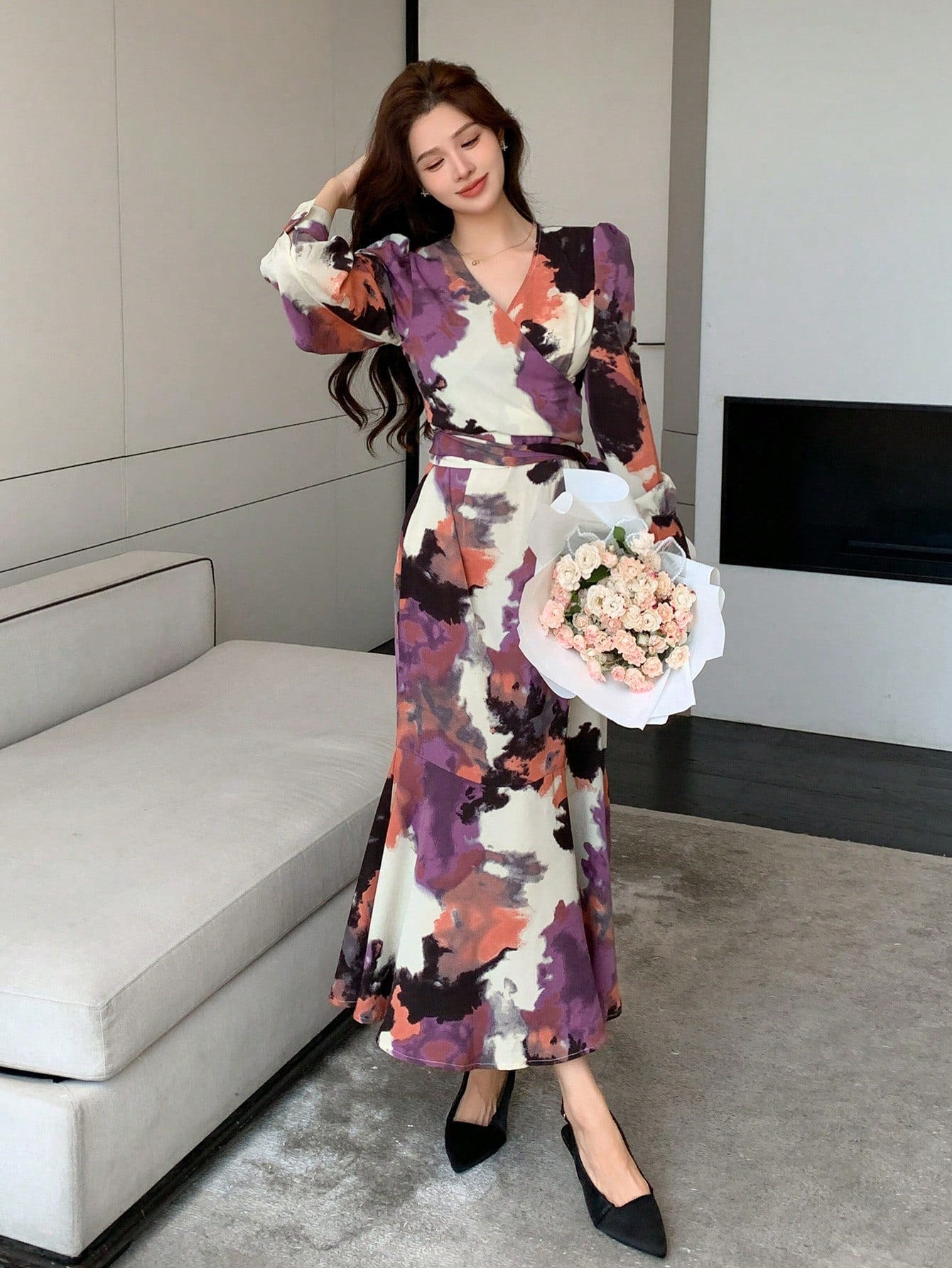 CM-DS171313 Women Casual Seoul Style Floral Tie Dye Wrap Around Fish Tail Hem Midi Dress
